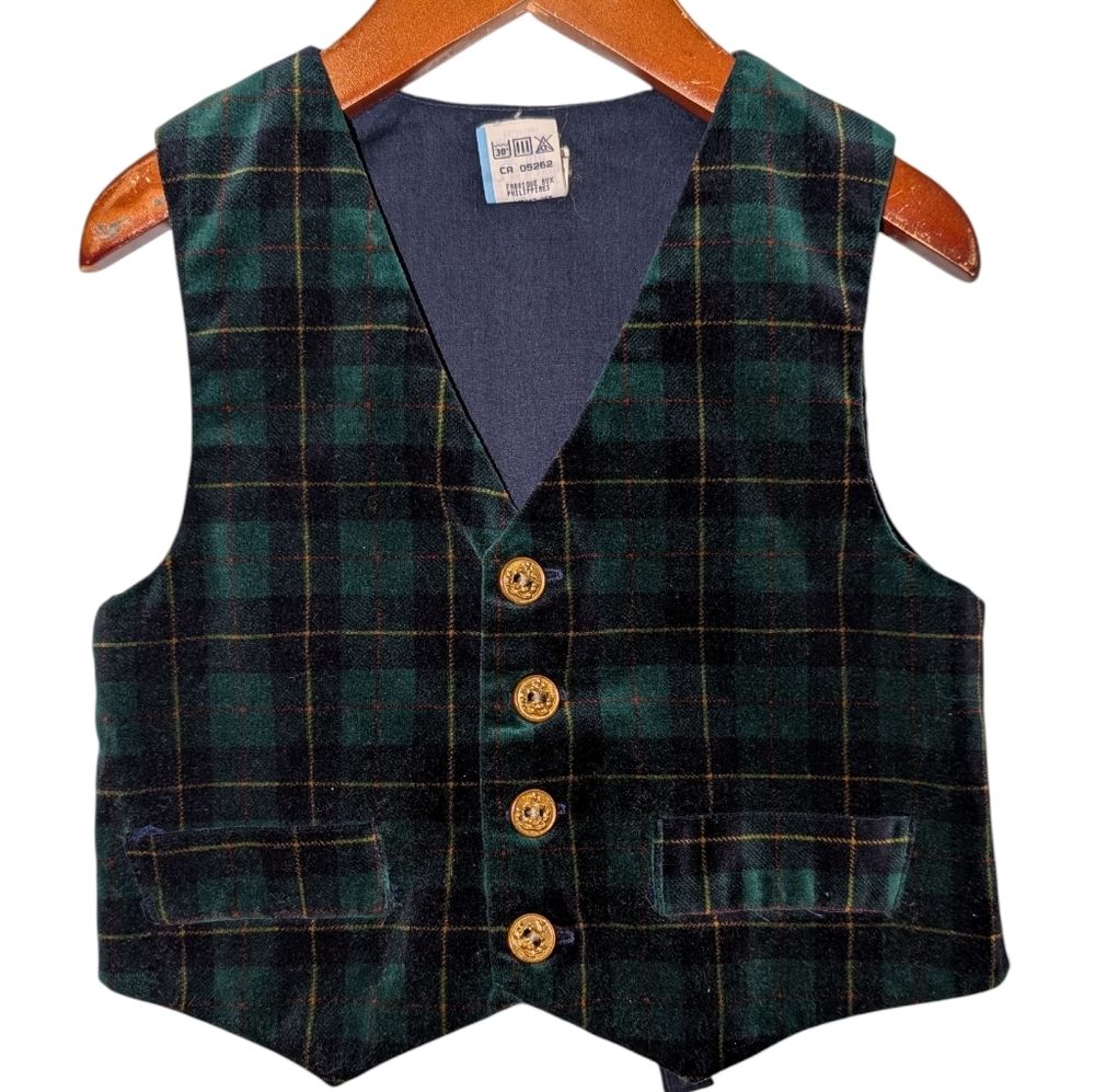 Vintage Kids Plaid Velvet Vest  Green Blue Gold Holiday Christmas 3T‎